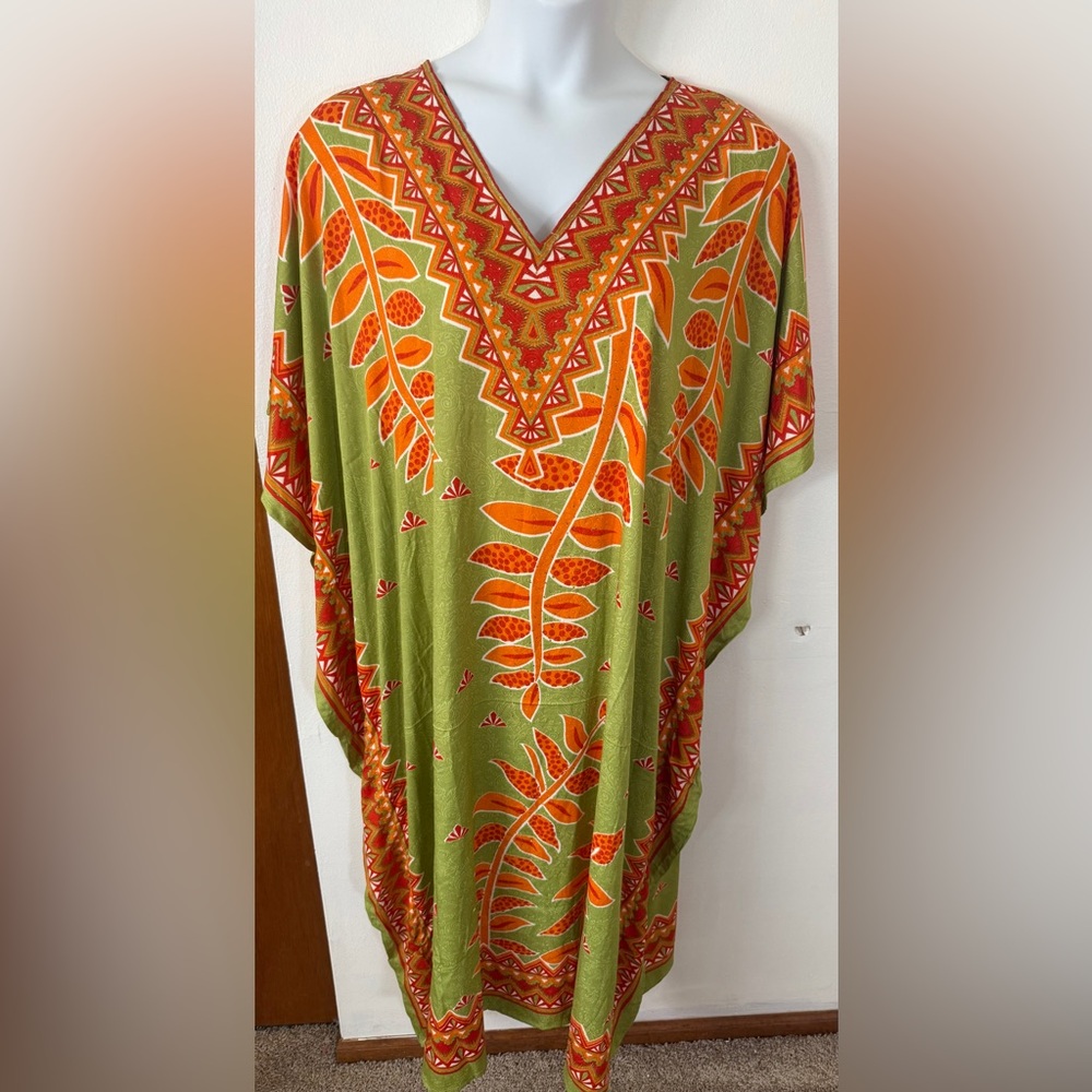 Sante Vibrant Green and Orange Floral V Neckline MuMu Kaftan SKU1102 - Picture 2 of 8